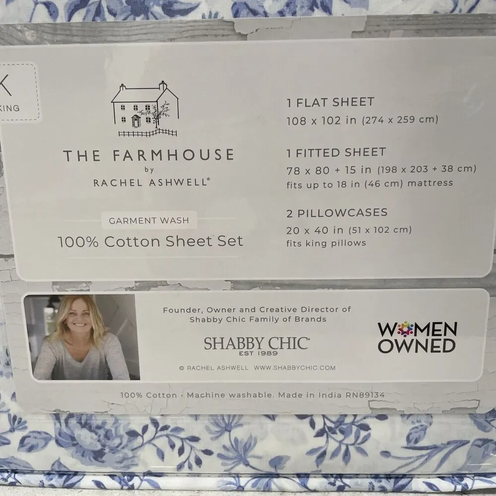 The Farmhouse KING Rachel Ashwell 100% Cotton Flower Floral Blue White Sheet Set
